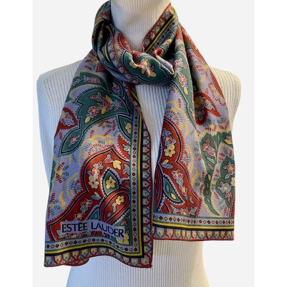 VINTAGE 80s Estee Lauder Paisley Scarf Cottagecore Grandma Mob Wife Forest Fairy - Picture 3 of 4